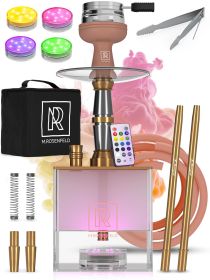 Rose Gold Hookah Set 2 Hose YADO Square Hookah To Go with Hookah Charcoal Holder Heat Management Device and Big Rose Silicone Hookah Bowl and Bag