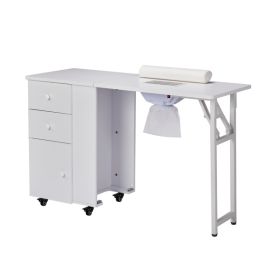 Foldable Manicure Table with Electric Dust Collector, Lockable Wheels, Wrist Cushion, Drawers & Cabinet for Beauty Salon, White